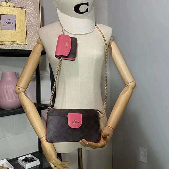 Coach C3328 Poppy Crossbody With Card Case In Signature Canvas Im/Brown/Watermel - Picture 1 of 6